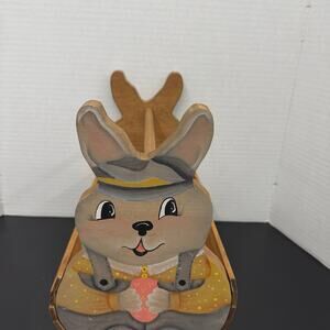 Vintage Hand Painted Rabbit Basket: Wooden Slat Tote, Folk Art Decor